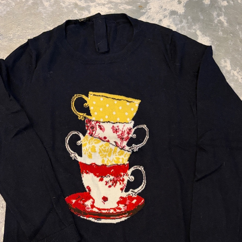 Talbots Navy Sweater with Colorful Teacup Design